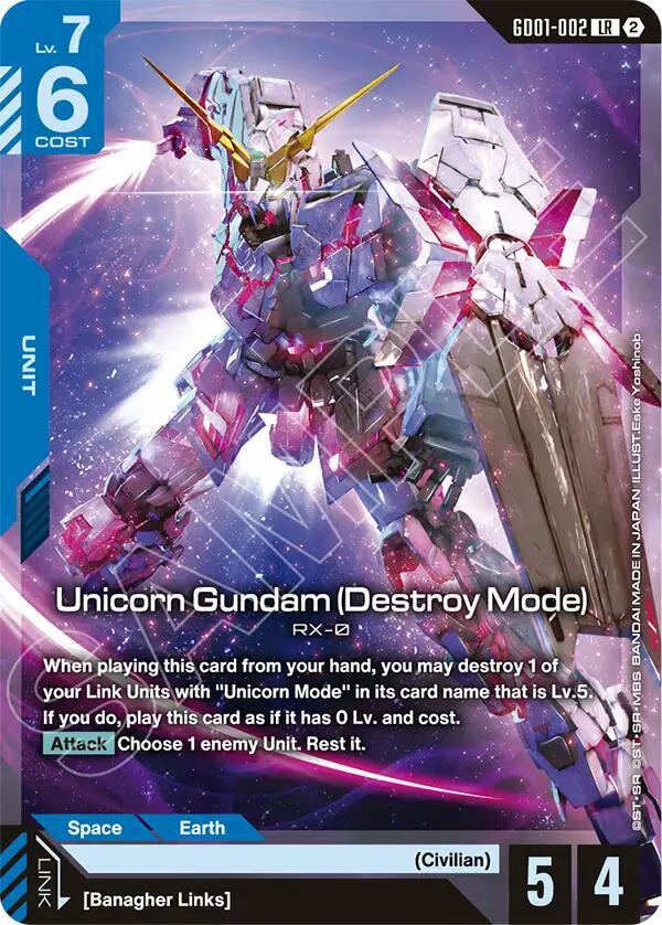 Unicorn Gundam (Destroy Mode) GD01-002 LR Gundam card